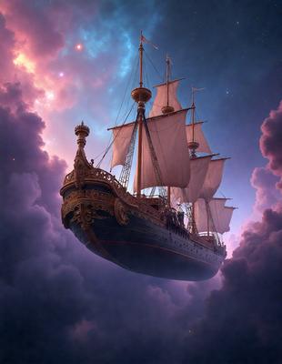 The primary subject of the image is a large sailing ship floating in the sky. The ship is surrounded by a cloudy background, giving the scene a dramatic and surreal appearance. The visual style of the image is digital art, as it is a detailed and intricate illustration of the sailing ship. The colors and mood of the image are predominantly dark and moody, with the ship and clouds creating a sense of mystery and adventure.